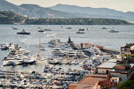 Monaco, Monte Carlo, 01 October 2022 - The famous motorboat exhibition at morning, mega yacht show, novelties of the boating industryのeditorial素材