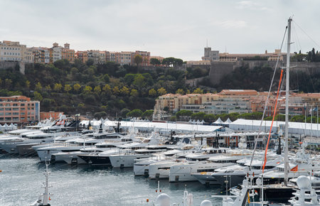 Monaco, Monte Carlo, 29 September 2022 - a lot of luxury yachts at the famous motorboat exhibition, the most expensive boats for the richest people, yacht brokers, boat trafficのeditorial素材