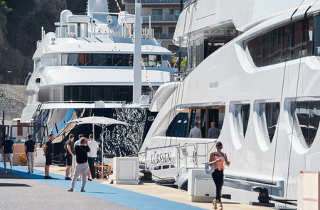 Monaco, Monte Carlo, 28 September 2022 - Invited wealthy clients inspect megayachts at the largest...