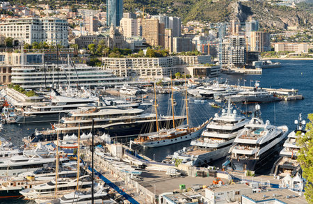 Monaco, Monte Carlo, 28 September 2022 - Top view of the famous yacht show, exhibition of luxury...