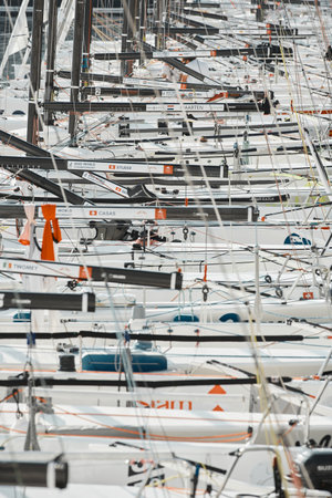 Monaco, Monte-Carlo, 18 October 2022: many sailing boats of the World Championship of J70 class participants stand in a row waiting for the wind for the stage of the sailing raceのeditorial素材