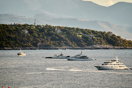 Monaco, Monte Carlo, 01 October 2022 - The famous motorboat exhibition at morning, mega yacht show, novelties of the boating industryのeditorial素材