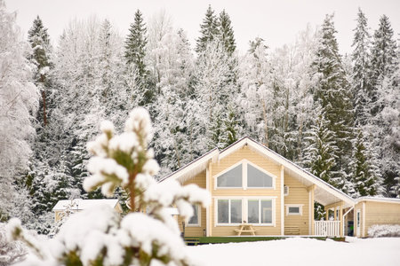 beautiful country house in a snowy pine forest, night lighting, winter fairy taleの写真素材