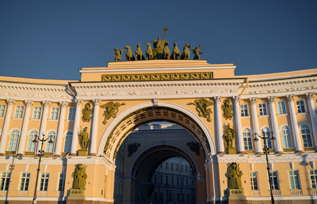 The Arch of the General Staff at sunset, Russia, St. Petersburg, The Palace Squareの写真素材