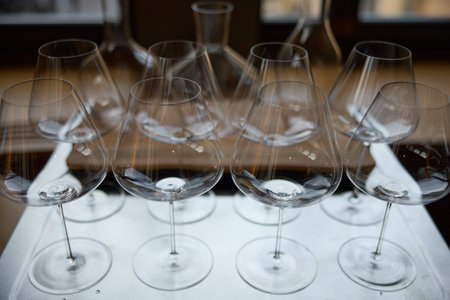 Clean wine glasses are on the table of a special wine cabinet, stylish table setting, ice, bottle of sparkling wine, light from window, decanter and degasserの写真素材