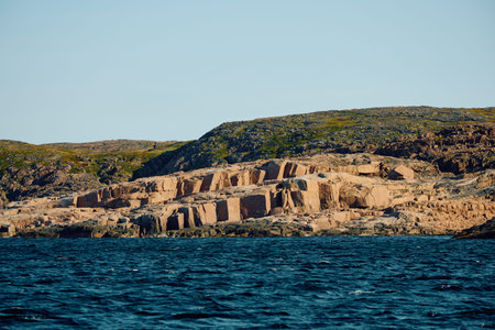 the coast of the Barents Sea at sunny weather, the rocky shore with colourful arctic carpet of moss,...