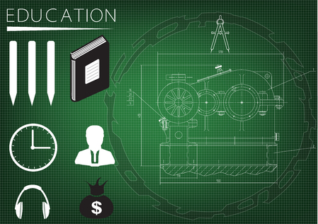 machine-building drawing on green background and iconsのイラスト素材