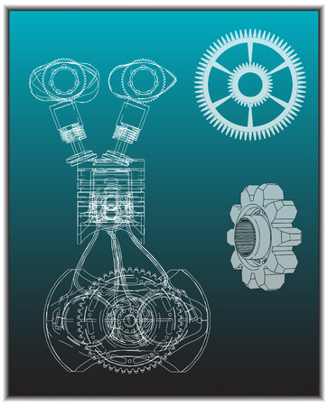 Machine building drawing. The car engine and gears on a turquoise background. 3dのイラスト素材