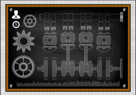 Machine building drawing. The car engine and gears on a blackboard. 3dのイラスト素材