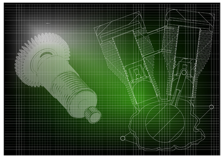 Engineering drawing. Motorcycle engine and cogwheels on a green backgroundのイラスト素材