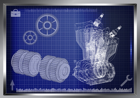 Engineering drawing. Motorcycle engine and cogwheels on a blue backgroundのイラスト素材