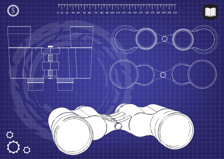 Binoculars on a blue background, drawing. 3dのイラスト素材
