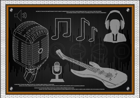 Guitar, microphone and man in headphones on a black backgroundのイラスト素材