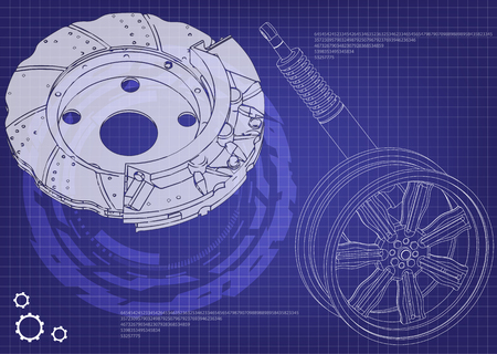 A brake disk and wheel with a shock absorber on a blue background. 3d modelのイラスト素材