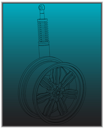 A wheel and shock absorber on a turquoise backgroundのイラスト素材