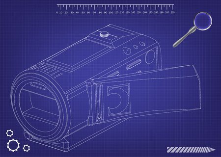 Camera on blue background. Drawing. 3d modelのイラスト素材