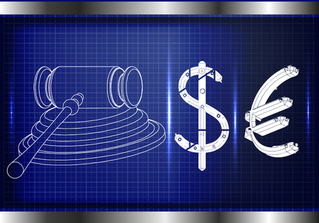 Hammer of a judge with dollar and euro on a blue backgroundのイラスト素材