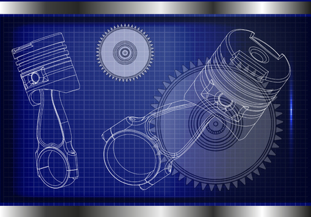 3d model of piston and gear on blue background. Drawingのイラスト素材