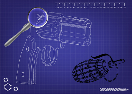 3d model of a pistol on a blue background. Drawingのイラスト素材