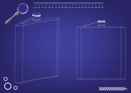 3d model of a flask for alcohol on a blue background. Drawing Vector illustration.のイラスト素材