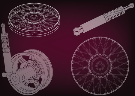 shock absorber and wheel on a burgundy background Vector illustration.のイラスト素材