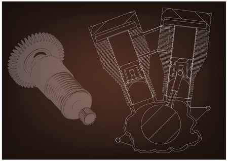 Engineering drawing. Motorcycle engine and cogwheels on a brown backgroundのイラスト素材