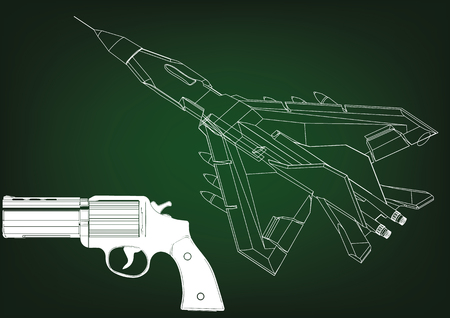Pistol and fighter on a green background. 3d model illustration.のイラスト素材