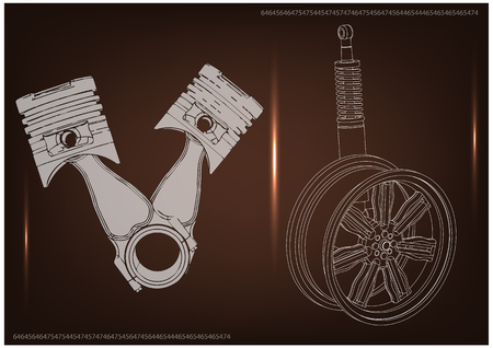 pistons and wheel with shock absorber on a brown background. 3d modelのイラスト素材