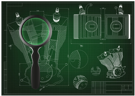 Machine building drawing. Motorcycle engine on a green background.のイラスト素材