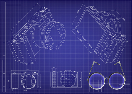 3d model of the camera on a blue background illustration.のイラスト素材