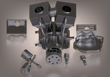 Silver motor of a motorcycle on a gray background. 3D rendering