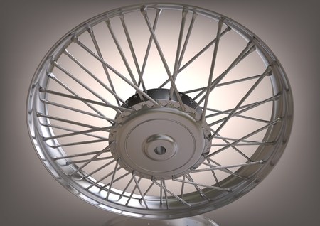 Silvery motorcycle wheel on a gray background. 3D renderingの写真素材