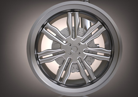 The silver wheel and the brake disc on a gray background. 3D rendering