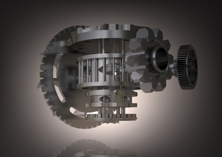 Silver gear mechanism on a gray background. 3D renderingの写真素材