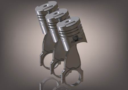 Three silvery pistons on a gray background. 3D renderingの写真素材