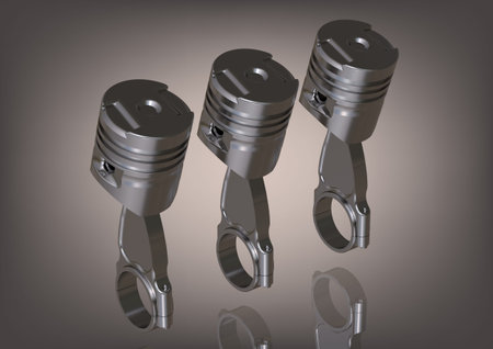 Three silvery pistons on a gray background. 3D rendering