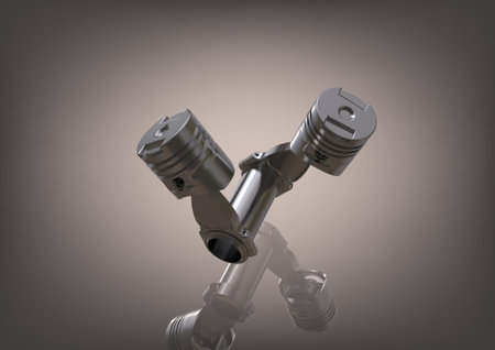 Two silvery pistons on a gray background. 3D rendering