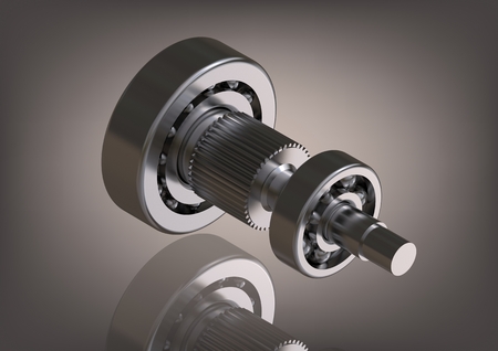 Silver bearing and cogwheel on a gray background. 3D renderingの写真素材