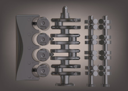 Disassembled silver car engine on a gray background. 3D renderingの写真素材