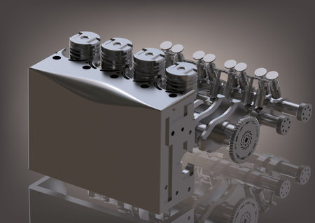 Disassembled silver car engine on a gray background. 3D renderingの写真素材