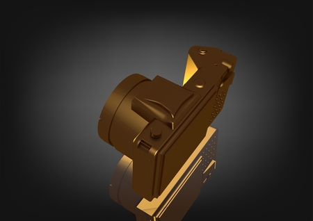 Golden camera on a black background. 3D renderingの写真素材
