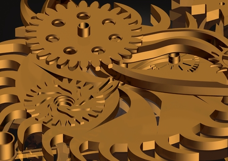 Golden gear mechanism on a black background. 3D renderingの写真素材