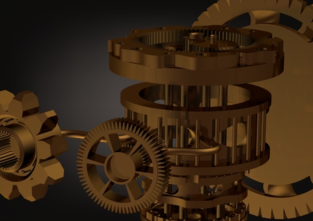 Golden gear mechanism on a black background. 3D renderingの写真素材