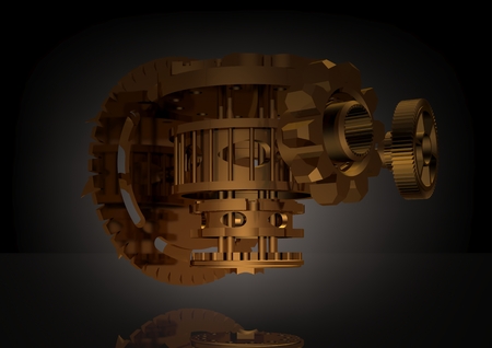 Golden gear mechanism on a black background. 3D renderingの写真素材