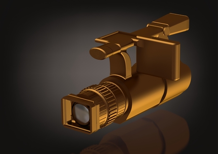 Gold professional camera on a black background. 3D renderingの写真素材