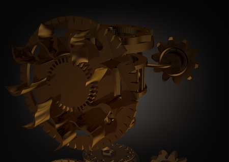 Golden gear mechanism on a black background. 3D renderingの写真素材