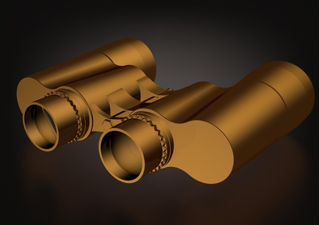 Gold binoculars on a black background. 3D renderingの写真素材