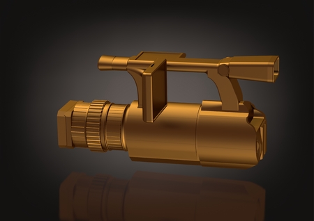 Gold professional camera on a black background. 3D renderingの写真素材