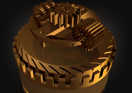 Golden gear mechanism on a black background. 3D renderingの写真素材