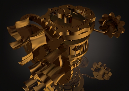 Golden gear mechanism on a black background. 3D renderingの写真素材